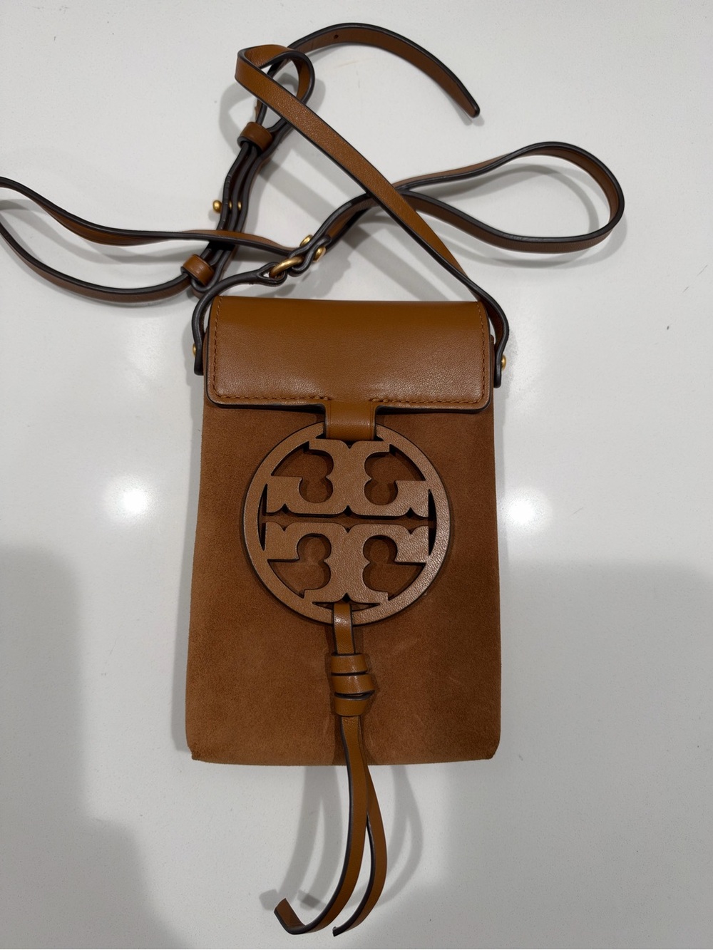 Tori Burch Phone Crossbody Brown Suede